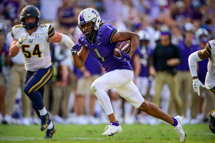 Sep 11, 2021; Fort Worth, Texas, USA; TCU Horned Frogs wide receiver Quentin Johnston (1) scores a touchdown against the California Golden Bears during the second half of the game at Amon G. Carter Stadium.
